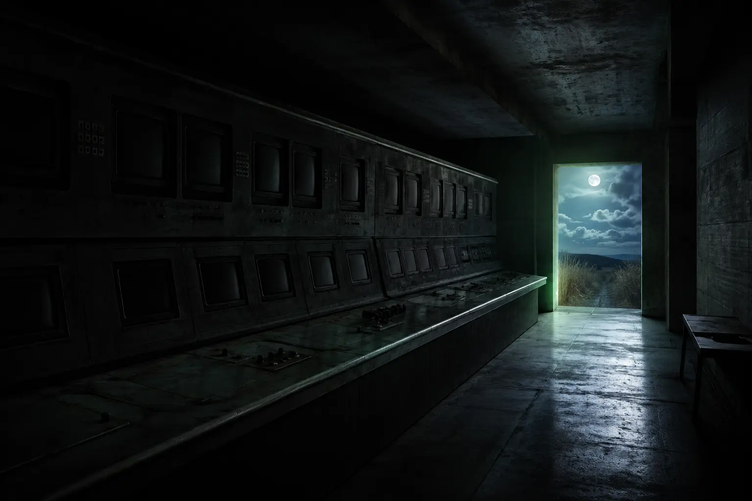 A dark control room of dormant monitors opening onto a moonlit landscape